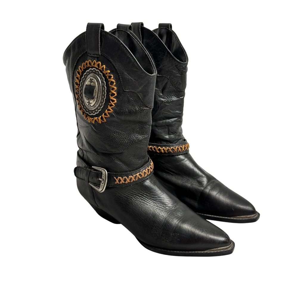Vintage Leather Crafts Black Western Cowboy Boots Womens Sz 5 Concho Whipstitch